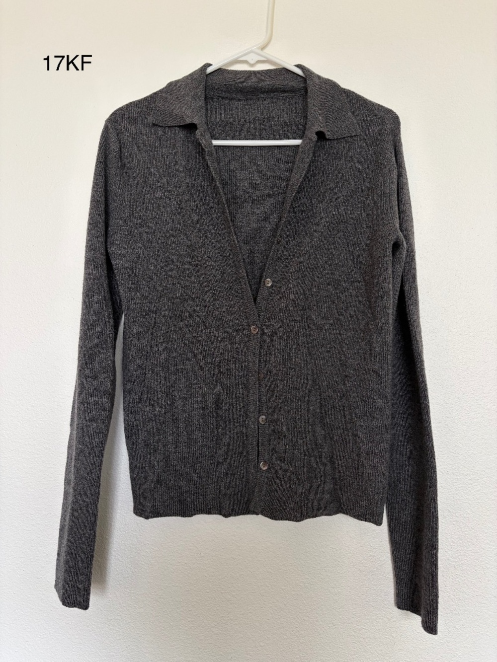 Charcoal Grey Collared Button-Down Knit Cardigan Sweater *17KF*
